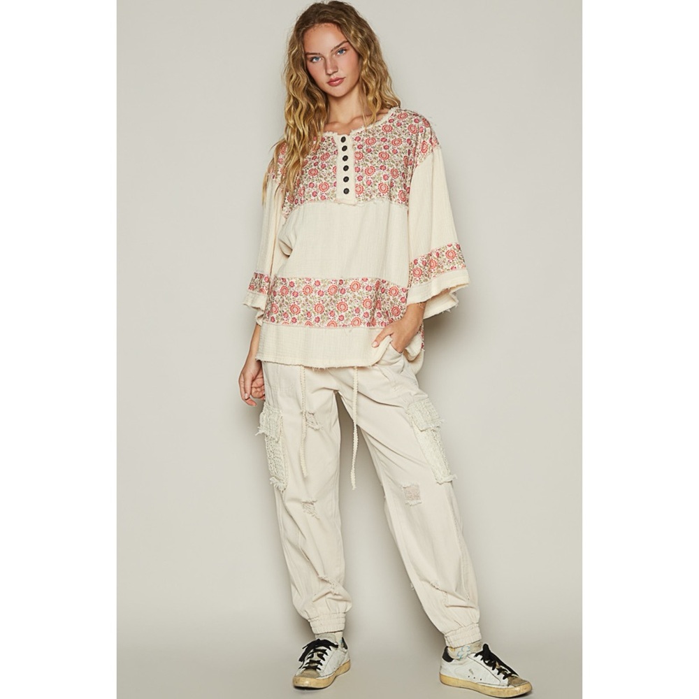 POL Cream 3/4 Sleeve Roomy Fit Henley Top with Floral Contrast - Picture 8 of 10